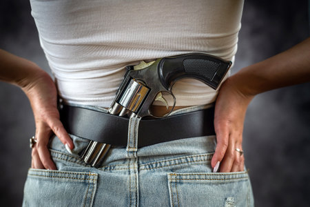 sexy woman hides a gun behind her back behind her belt or near her leg. isolated on a plain background. a weapon in the hands of a woman. a woman hides a weaponの写真素材