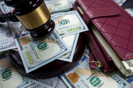 Judicial wooden gavel of a man in a robe on the background of American dollars money isolated. small...