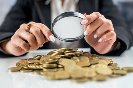 young woman looking through magnifying glass at rising coin graph. The concept of financial market analysis.の写真素材
