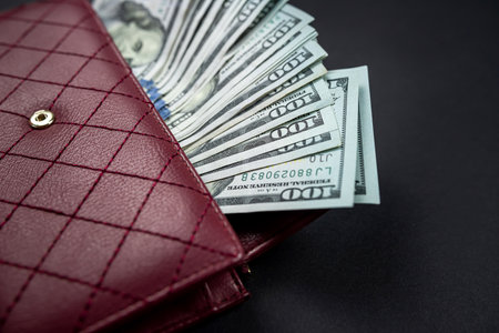 brown leather wallet with what appears to be US dollar money inside. full wallet.wealth. abundanceの写真素材
