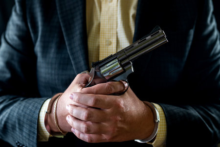 man in a tuxedo and shirt without a face holds a revolver in his hands near his chest isolated on a...