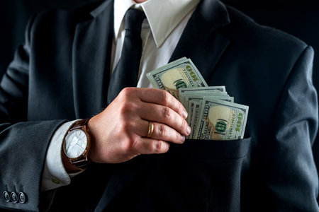 Close-up of a businessman or bank employee counting one hundred dollar bills in front of him with...