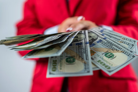 Beautiful young woman in a red jacket showing a pile of money in dollars isolated on a plain background. money. dollars in handの写真素材