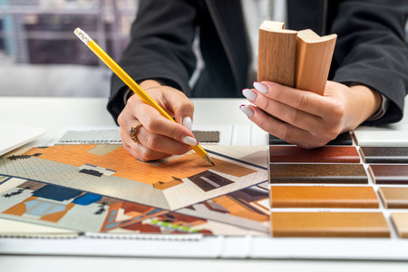 Designer woman plans home interior, illustrates and chooses perfect colors for new home with samples of wood materials on table. real estate design ideas.の写真素材