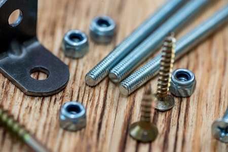Lots of self-tapping screws and nails and construction screws and metal and plastic drywall anchors. Repair and tools for itの写真素材