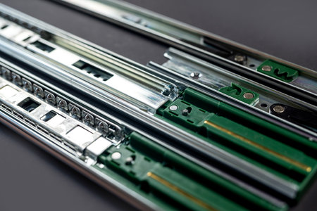 Metal rails for moving drawers in furniture structures. Accessories for assembling household furniture in a carpentry workshop. isolated on black background.の写真素材