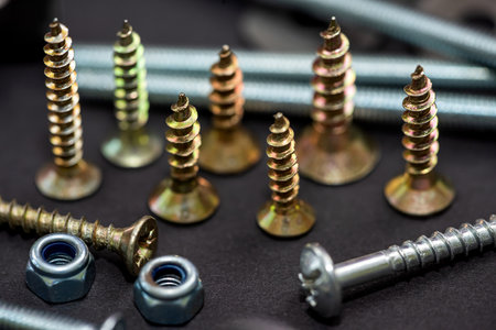 screws or self-tapping screws are neatly arranged in a row on a black mirror table. repair concept