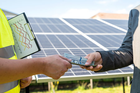 Customer giving money to worker for successful installation solar panels