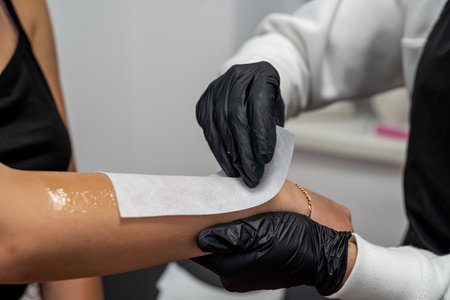 master applies wax using a cartridge to the client's hand. depilation of hands. waxing. sugaring beauty salon. body hair paste removal. smooth skinの写真素材