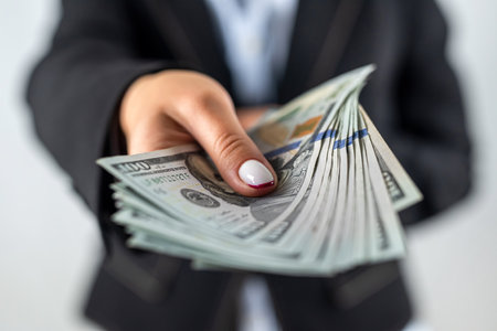 Young cheerful woman in stylish black suit holding dollars isolated on background. business lady.の写真素材