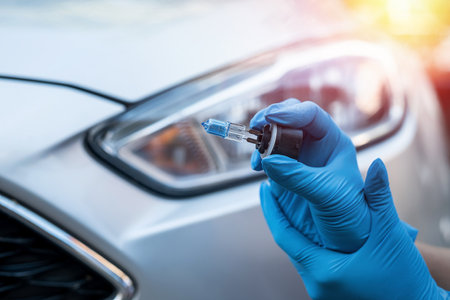 man who knows how to repair a car holds light bulbs for car repair. headlights replacement of headlights in a carの写真素材