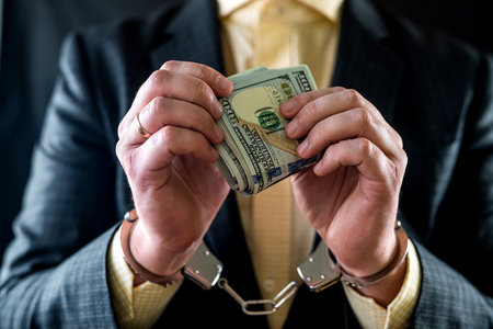 close-up composition of the hands of a business man with money in his hands and handcuffs on them....