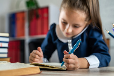 beautiful little child is preparing to answer in a lesson at school. schooling. lesson.の写真素材