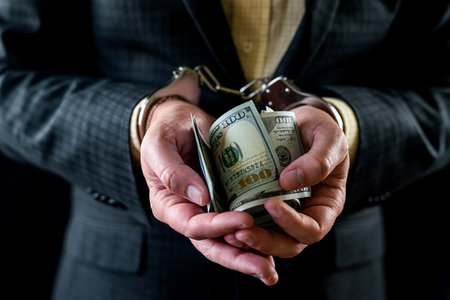 close-up composition of the hands of a business man with money in his hands and handcuffs on them. criminality. bribe isolatedの写真素材