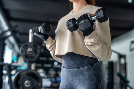 Sporty woman doing exercises with dumbbells doing a straight blow with dumbbells. Photo of a muscular woman in sportswear. strength and motivation.の写真素材