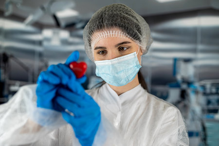 female doctor in a blue uniform wearing a mask holds a small red heart with her hands as a symbol in...