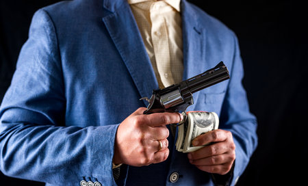 criminal police detective man holding revolver gun isolated on plain background. portrait cropped silhouette in studio.の写真素材