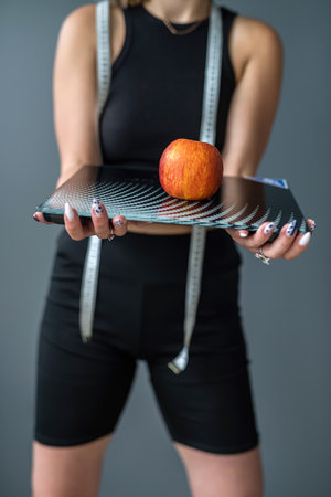 Young happy sport sports fitness trainer instructor woman wearing black sports suit hold apple...