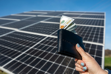 beautiful female hand holds a black wallet with dollar bills, which she holds close to the sun. concept of green electricity. business. purchase of solar panelsの写真素材
