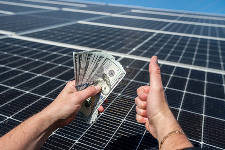 wonderful worker holds a round amount of money for the installation of solar panels in his hands. Concept of green electricity and dollarsの写真素材