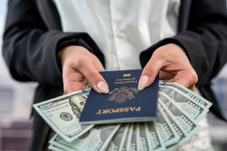 Young woman holding United States passport with dollar bills very happy in front of her chest. the concept of legal travelの写真素材