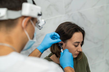 doctor examines a patient's ears during a medical examination. medicine. patient with sore earsの写真素材