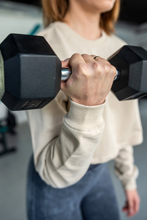 Fitness woman in training with big dumbbells for sports. A close-up display of strong hands. healthy bodyの写真素材