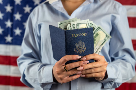 Beautiful woman holding a passport with money dollars for traveling abroad. the concept of traveling abroad. tourism conceptの写真素材