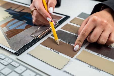 Top view of the hands of a female designer with a wooden sampler that is chosen for the design of an apartment. wood samples for designの写真素材