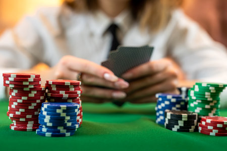 woman who knows how to play poker perfectly sits at a poker table with cards and chips. money game...