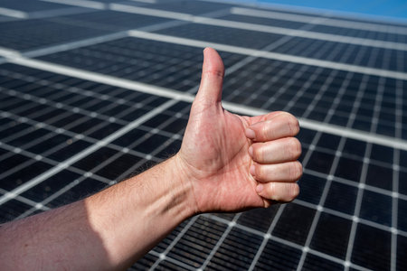 solar panel on the roof produces electricity on the background of a hand with a finger up. investment in saving electricityの写真素材