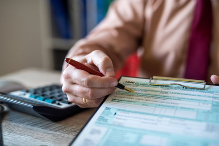 man in a fancy suit fills out a 1040 tax form and uses calculations in the office. tax forms submission of income declarationの写真素材