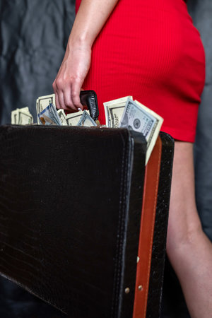Businesswoman wear red dres with suitcase full of dollar. salary financial conceptの写真素材