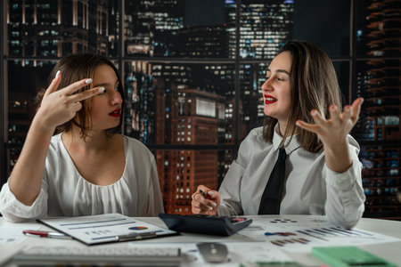 two young pretty women working on financial report at office. Concept of profitable managementの写真素材