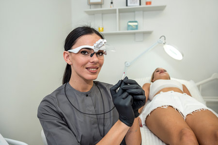 cosmetologist prepares everything for the electroepilation procedure, the young female client lies...