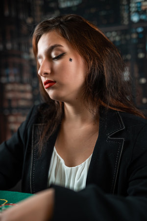 beautiful brunette with red lipstick girl is sitting at the poker table. close up view beauty poker. gameの写真素材