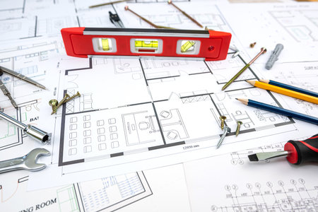 Draft drawings and construction tools are scattered over the housing project on a construction background. drawing toolsの写真素材