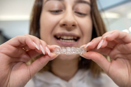 Portrait of beautiful girl patient holding orthodontic retainers aligners in dental clinic. healthy...