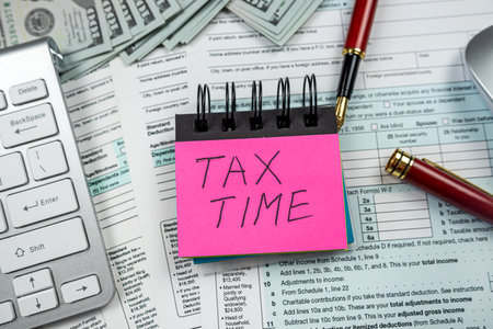 sticker with text TAX TIME with 2022 blank 1040 tax form. Deadline, paper workの写真素材