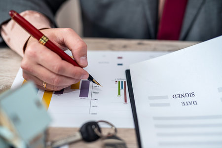 Employment contracts of a man's real estate agent contract documents on the table. home loan...