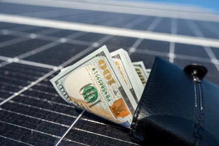Money dollars in wallet above solar panel. Dollar bills on panel. Concept of cheap solar energy.