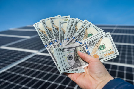 young wonderful worker is holding a round amount of money for the installation of solar panels in...