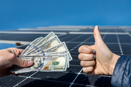 boss in a jacket with young hands receives a large sum of dollars against the background of solar panels. concept of green electricityの写真素材