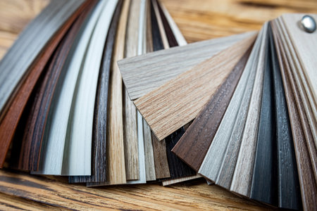 Choosing a sample of laminate or parquet of house decor. Concept of furniture manufacturingの写真素材