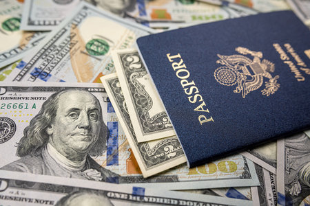 United States Passports on us dollar money. US document. Travelの写真素材
