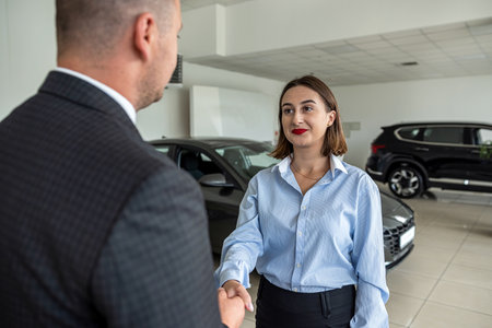 smiling car salesman shakes the hand of a brunette who wants to buy a car. The interior of the car. There are many different modern cars around.の写真素材