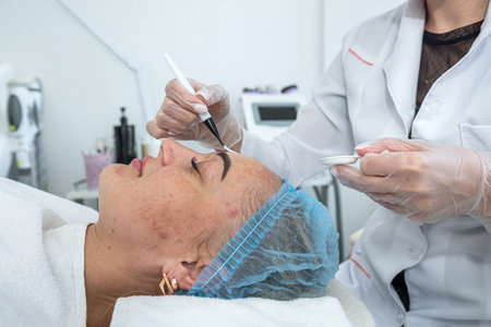 beautician will do a procedure for a girl in a cosmetology clinic. a patient makes a mask for skin care. cosmetology beauty treatmentsの写真素材