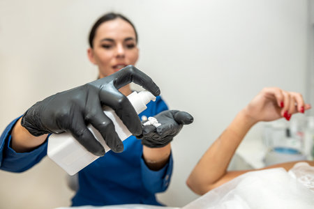 female doctor cosmetology putting cream hot wax gel on the hand, female client receive sugaring procedure in the clinic. Epilation with liquate sugar pasteの写真素材