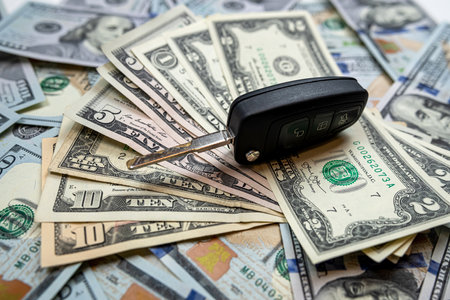 Buy or sell or insyrance auto car - US dollar with keys on desk. investment
