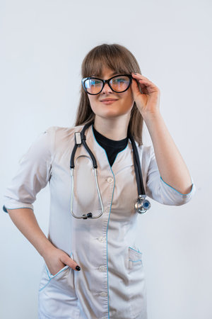 portrait of young female doctor wearing white medical uniform and stethoscope isolated on gray white backgroung. medical personal. healthcareの写真素材